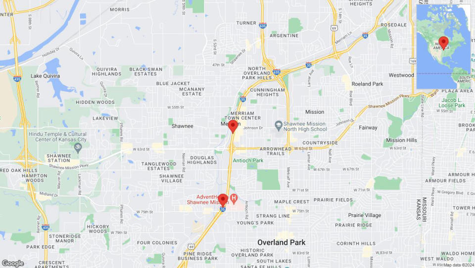 A detailed map that shows the affected road due to 'Traffic alert issued due to heavy rain conditions on westbound I-35 in Merriam' on August 11th at 9:35 p.m.