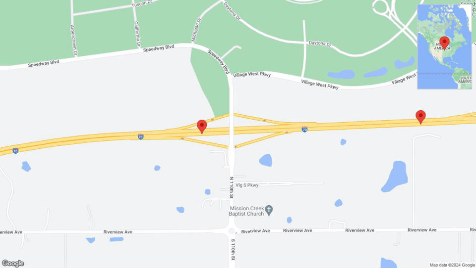 A detailed map that shows the affected road due to 'Traffic alert issued due to heavy rain conditions on eastbound I-70 in Edwardsville' on August 11th at 9:29 p.m.