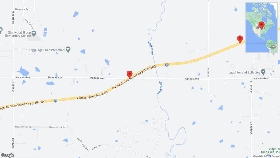 A detailed map that shows the affected road due to 'Traffic alert issued due to heavy rain conditions on eastbound I-70 in Bonner Springs' on August 12th at 12:05 a.m.