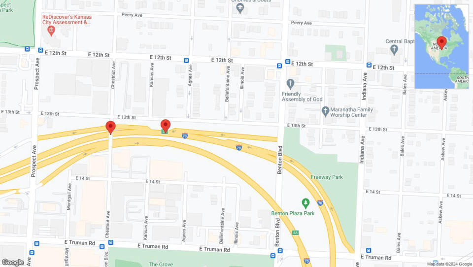 A detailed map that shows the affected road due to 'Broken down vehicle on westbound I-70 in Kansas City' on August 11th at 3:30 p.m.