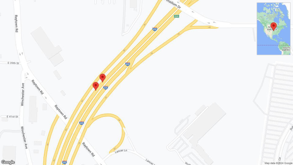 A detailed map that shows the affected road due to 'Broken down vehicle on southbound I-435 in Kansas City' on August 11th at 7 p.m.