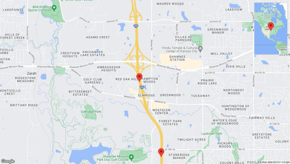 A detailed map that shows the affected road due to 'Heavy rain prompts traffic warning on southbound I-435 in Shawnee' on August 11th at 9:53 p.m.