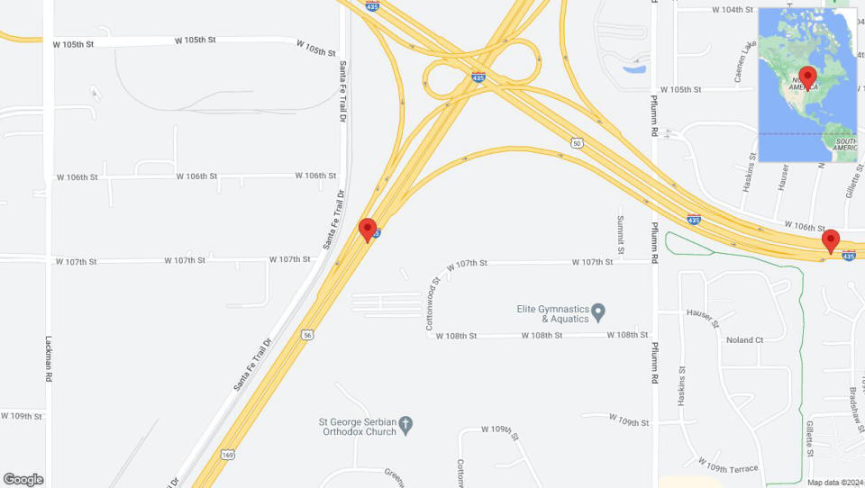 A detailed map that shows the affected road due to 'Heavy rain prompts traffic warning on eastbound US-50 East in Lenexa' on August 11th at 10:47 p.m.