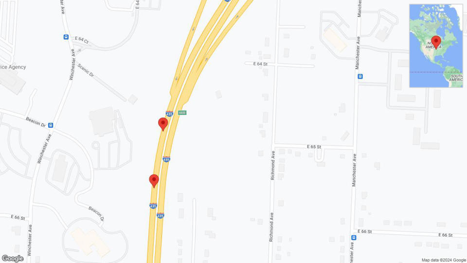 A detailed map that shows the affected road due to 'Broken down vehicle on southbound I-435 in Kansas City' on August 11th at 2:37 p.m.