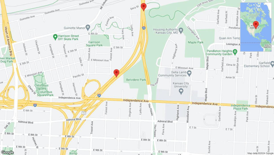 A detailed map that shows the affected road due to 'Warning: Crash on northbound I-35 in Kansas City' on August 11th at 10:35 p.m.