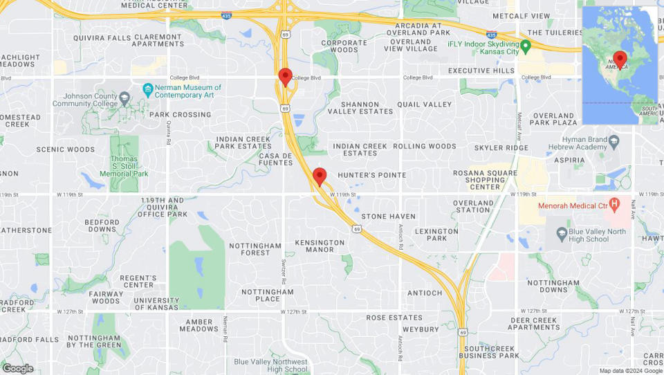 A detailed map that shows the affected road due to 'Drivers cautioned as heavy rain triggers traffic concerns on northbound US-69 in Overland Park' on August 11th at 10:11 p.m.