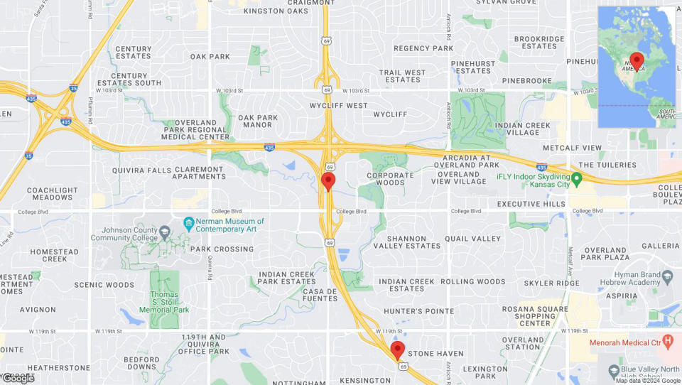 A detailed map that shows the affected road due to 'Traffic alert issued due to heavy rain conditions on southbound US-69 in Overland Park' on August 11th at 10:11 p.m.