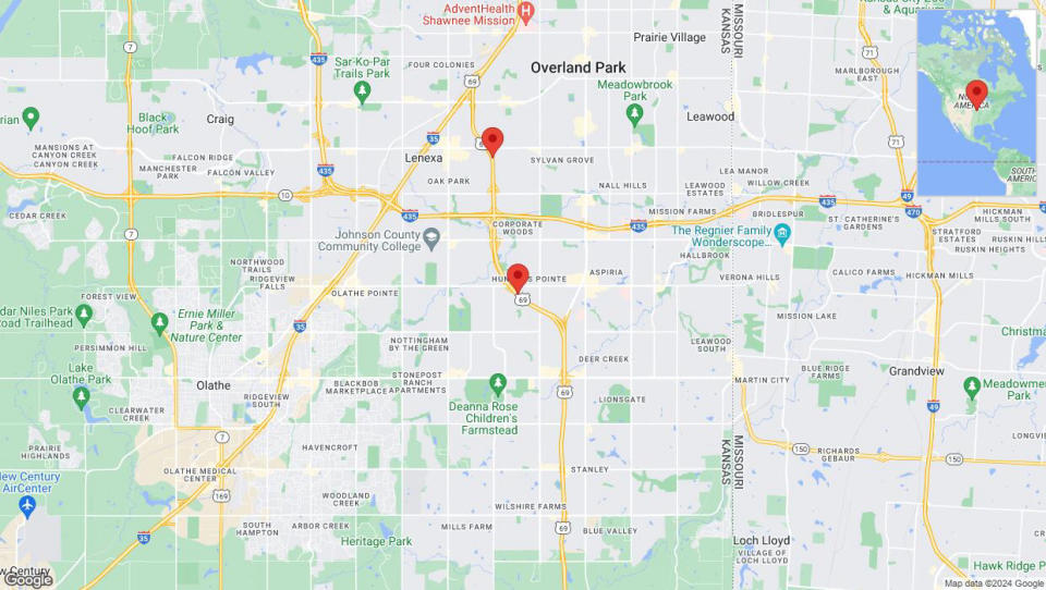 A detailed map that shows the affected road due to 'Drivers cautioned as heavy rain triggers traffic concerns on northbound US-69 in Overland Park' on August 11th at 10:05 p.m.