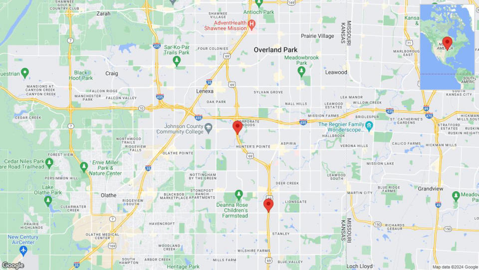 A detailed map that shows the affected road due to 'Lane on US-69 closed in Overland Park' on August 11th at 3 p.m.