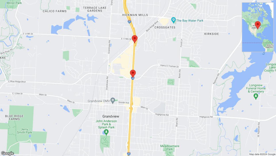 A detailed map that shows the affected road due to 'Heavy rain prompts traffic advisory on northbound I-40/US-71 in Grandview' on August 11th at 11:05 p.m.