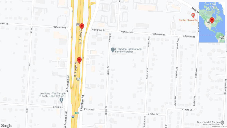 A detailed map that shows the affected road due to 'Broken down vehicle on northbound I-40/US-71 in Grandview' on August 11th at 8 p.m.