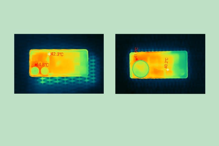 Thermal images of Realme GT 6 and OnePlus 12R heating up after gaming.