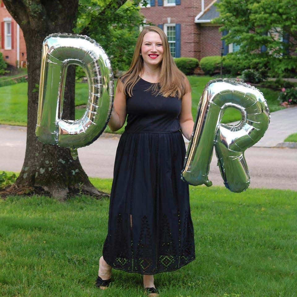 Rachel Harmon celebrates getting her doctorate in leadership with a concentration in education from the University of the Cumberlands. May 2024.