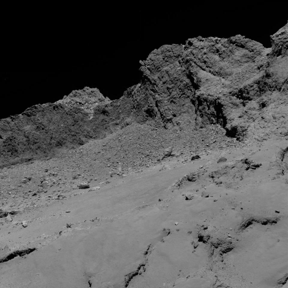 Rosetta’s OSIRIS narrow-angle camera captured this image of Comet 67P/Churyumov-Gerasimenko from an altitude of about 10 miles (16 km) above the surface during the spacecraft’s final descent on Sept. 29 at 9:20 p.m. EDT (Sept. 30 at 01:20 GMT).