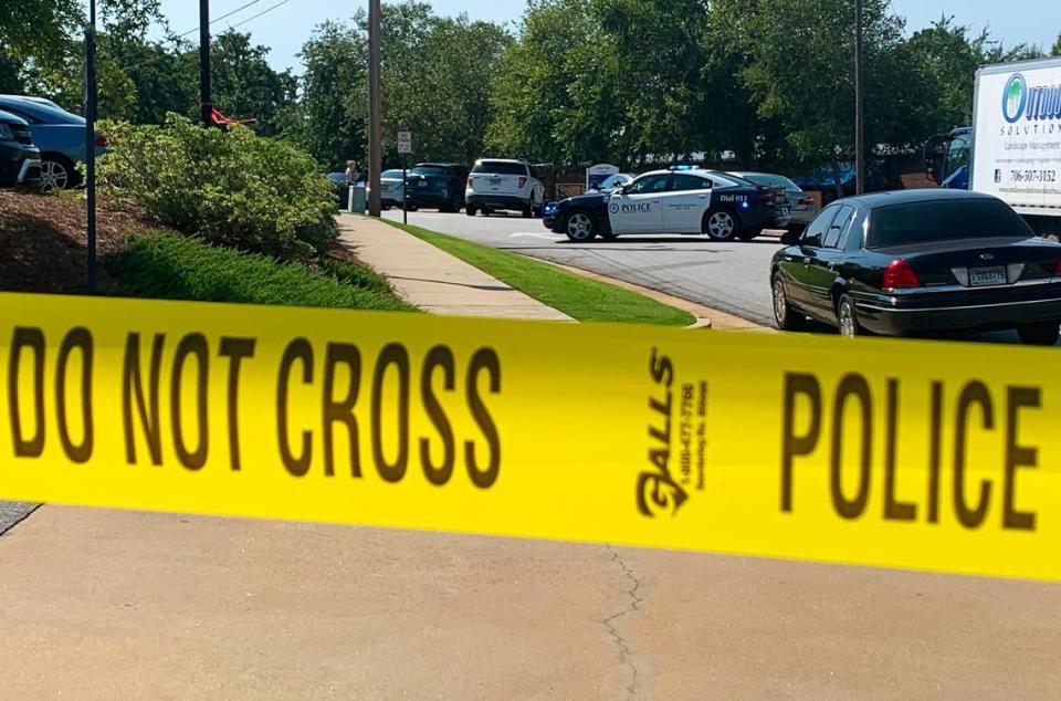 Crime scene tape cordons off an area near the area of LeNoir Annex on the main campus of Columbus State University in Columbus, Georgia. 08/18/2023