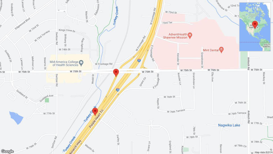 A detailed map that shows the affected road due to 'West 75th Street closed in Merriam' on August 15th at 10:23 p.m.