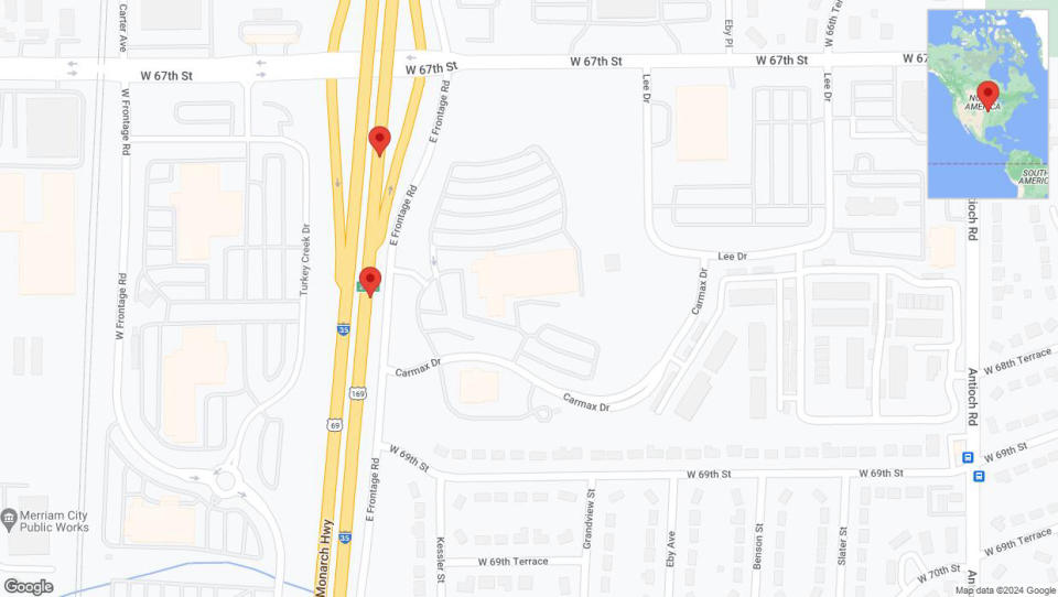 A detailed map that shows the affected road due to 'Broken down vehicle on eastbound I-35 in Merriam' on August 15th at 3:30 p.m.