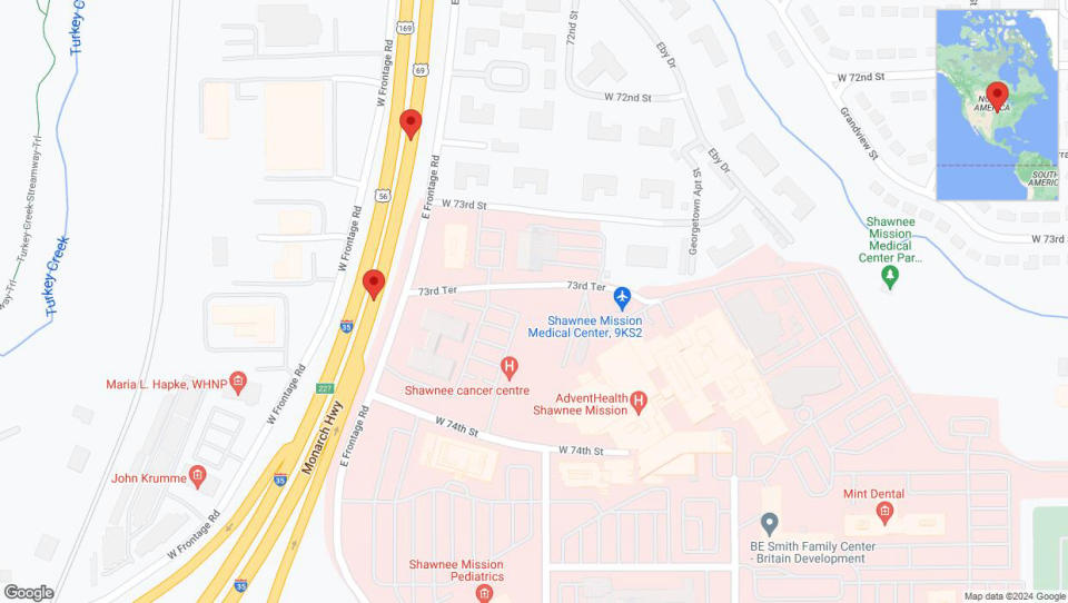 A detailed map that shows the affected road due to 'Broken down vehicle on eastbound I-35 in Merriam' on August 15th at 12:18 p.m.