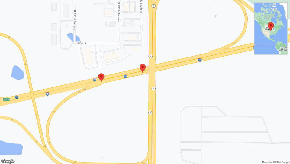 A detailed map that shows the affected road due to 'Broken down vehicle on eastbound I-70 in Bonner Springs' on August 15th at 1:48 p.m.