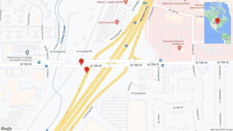 A detailed map that shows the affected road due to 'West 75th Street temporarily closed in Merriam' on August 15th at 9:42 p.m.