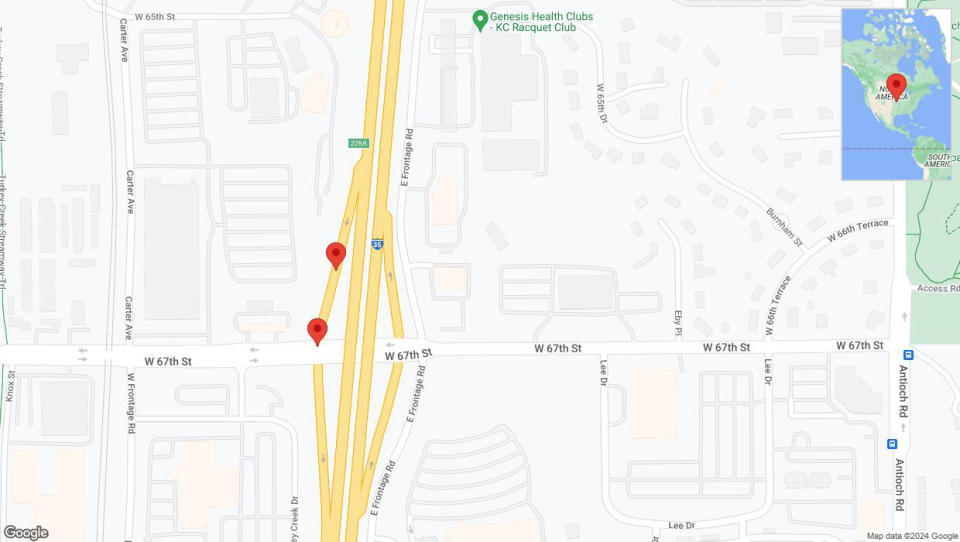 A detailed map that shows the affected road due to 'West 67th Street closed in Merriam' on August 15th at 7:30 p.m.