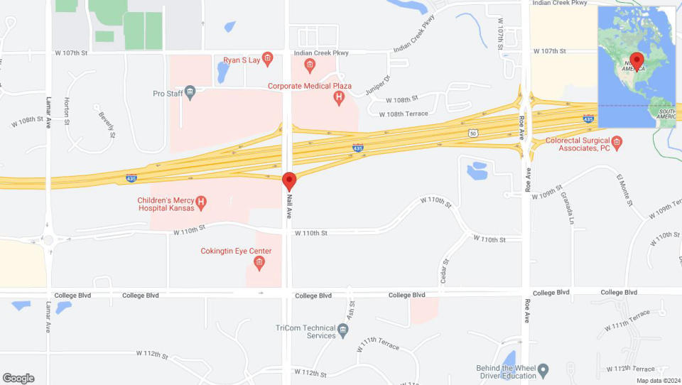 A detailed map that shows the affected road due to 'Overland Park: West 110th Street temporarily closed' on August 15th at 9:42 p.m.