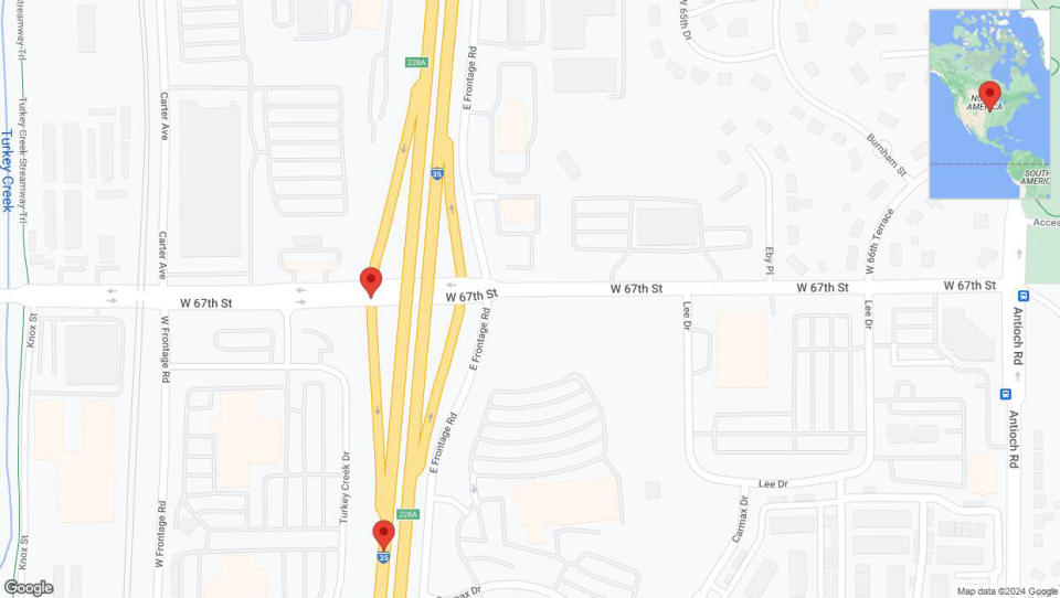 A detailed map that shows the affected road due to 'Shawnee: West 67th Street closed' on August 15th at 9:12 p.m.