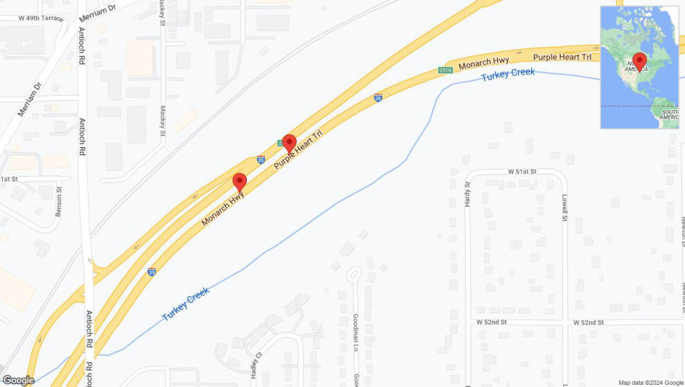 A detailed map that shows the affected road due to 'Broken down vehicle on northbound I-35 in Overland Park' on August 15th at 4:18 p.m.