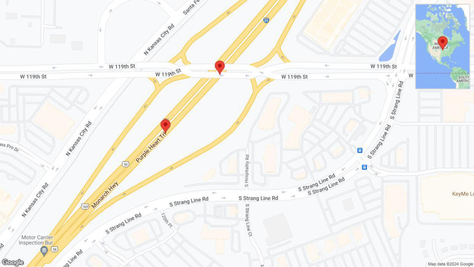 A detailed map that shows the affected road due to 'Broken down vehicle on eastbound I-35 in Olathe' on August 15th at 8 p.m.