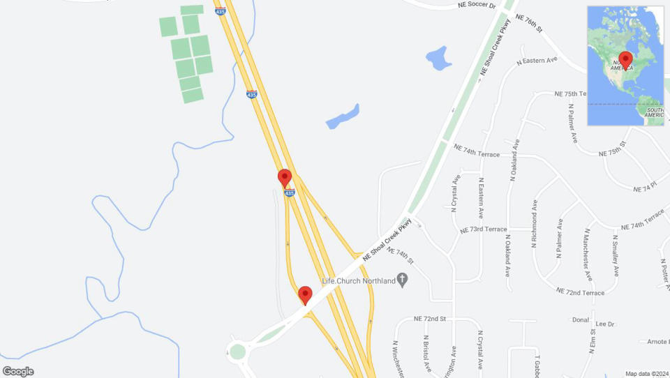 A detailed map that shows the affected road due to 'Broken down vehicle on Northeast Shoal Creek Parkway in Kansas City' on August 15th at 9:48 p.m.