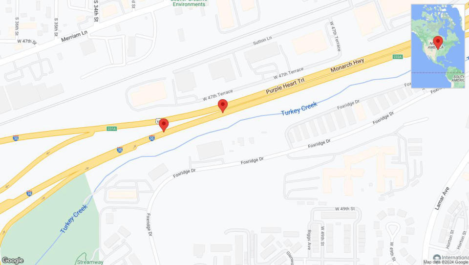 A detailed map that shows the affected road due to 'Broken down vehicle on northbound I-35 in Mission' on August 15th at 6:48 p.m.