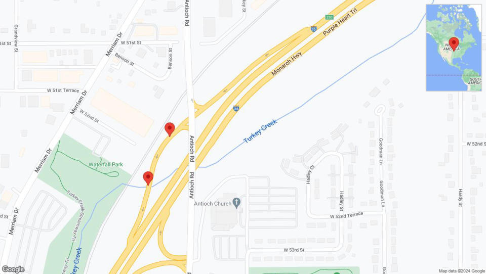 A detailed map that shows the affected road due to 'Broken down vehicle on eastbound I-35 in Lenexa' on August 15th at 6:36 p.m.