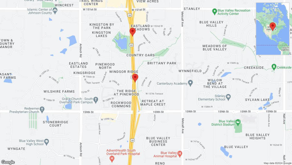 A detailed map that shows the affected road due to 'Broken down vehicle on northbound US-69 in Overland Park' on August 15th at 8:18 p.m.