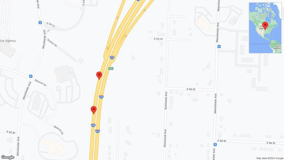 A detailed map that shows the affected road due to 'Broken down vehicle on northbound I-435 in Shawnee' on August 15th at 8:42 p.m.