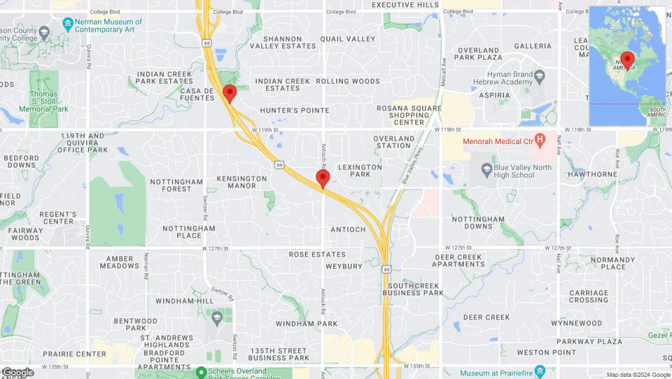 A detailed map that shows the affected road due to 'Crash report: US-69' on August 15th at 7:18 p.m.