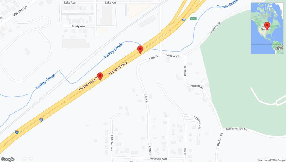 A detailed map that shows the affected road due to 'A crash has been reported on northbound I-35' on August 15th at 5:54 p.m.