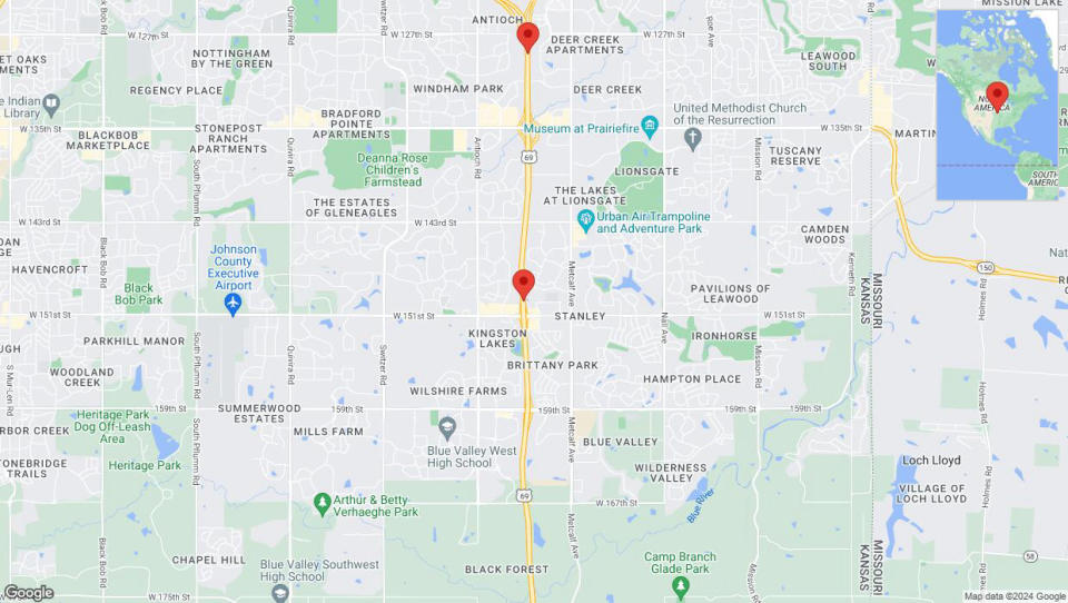 A detailed map that shows the affected road due to 'Lane on US-69 closed in Overland Park' on August 15th at 9 p.m.