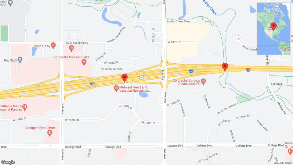 A detailed map that shows the affected road due to 'Overland Park: West 110th Street closed' on August 15th at 9:06 p.m.