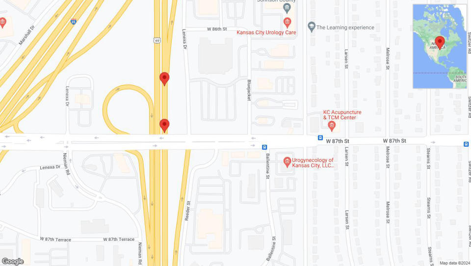 A detailed map that shows the affected road due to 'Broken down vehicle on northbound US-69 in Lenexa' on August 15th at 4:54 p.m.