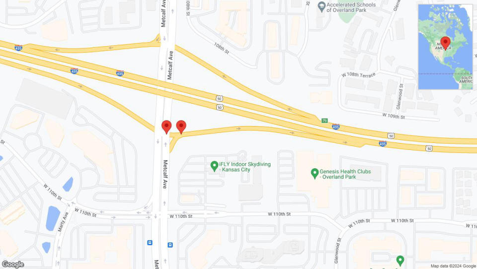 A detailed map that shows the affected road due to 'Metcalf Avenue temporarily closed in Overland Park' on August 15th at 8 p.m.