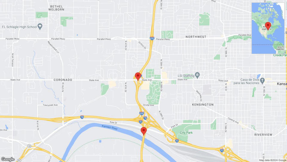 A detailed map that shows the affected road due to 'Lane on I-635 closed in Kansas City' on August 16th at 12:01 a.m.