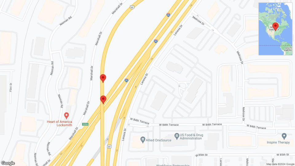 A detailed map that shows the affected road due to 'Broken down vehicle on southbound US-69 South in Overland Park' on August 15th at 4:24 p.m.