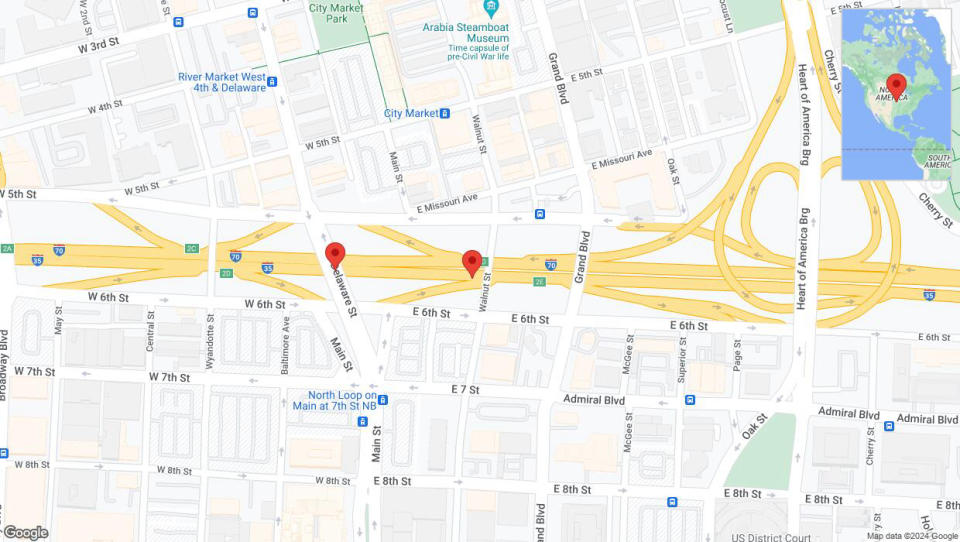 A detailed map that shows the affected road due to 'Broken down vehicle on eastbound I-70/I-35 in Kansas City' on August 15th at 9:24 p.m.