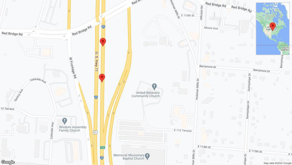 A detailed map that shows the affected road due to 'Broken down vehicle on northbound I-40/US-71 in Kansas City' on August 15th at 1:24 p.m.