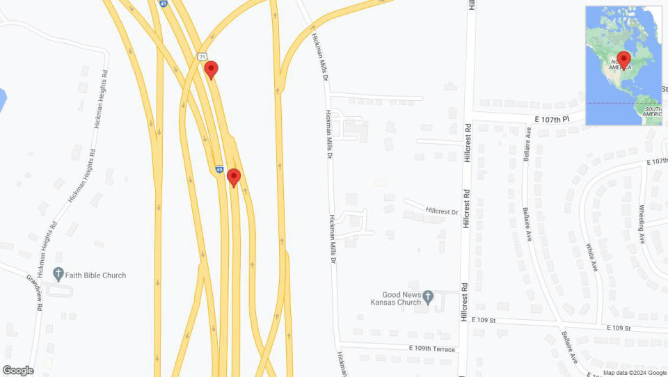 A detailed map that shows the affected road due to 'Broken down vehicle on northbound I-40/US-71 in Kansas City' on August 15th at 8:18 p.m.