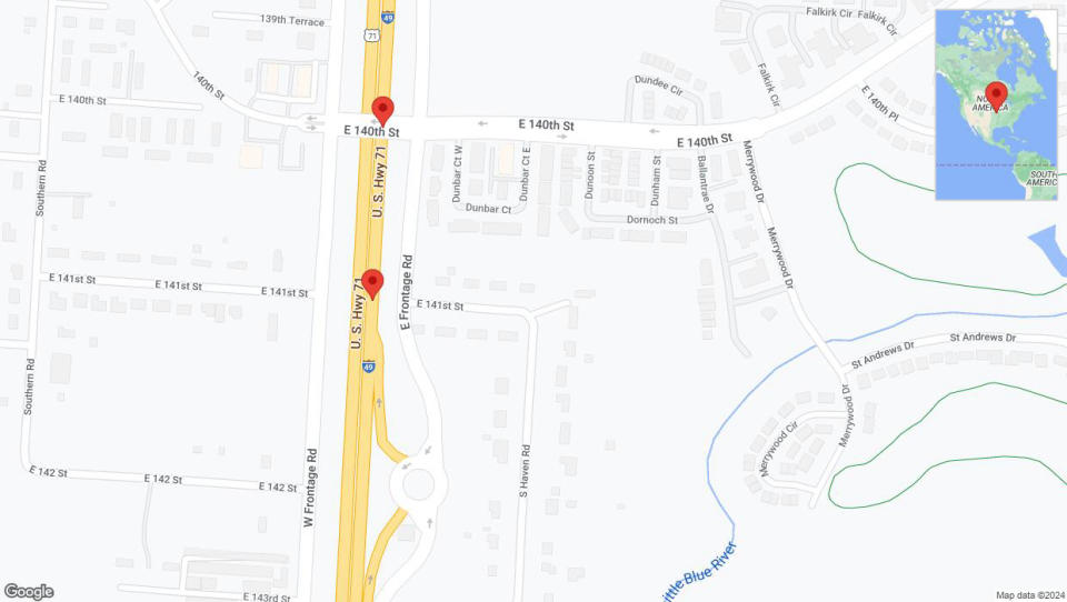 A detailed map that shows the affected road due to 'Broken down vehicle on northbound I-40/US-71 in Grandview' on August 15th at 3:25 p.m.