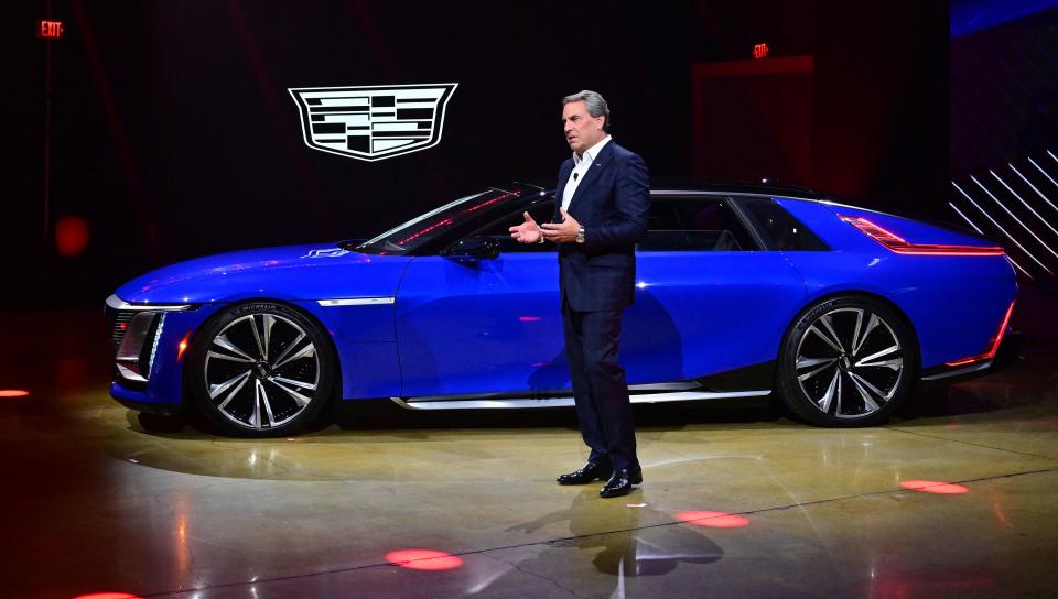 Mark Reuss, GM President, speaks during the unveiling of the Cadillac Celestiq electric-sedan in Los Angeles, California on October 17, 2022. - The ultra-luxury low-volume Celestiq features a host of 3D-printed parts for extensive customization and is the second EV in Cadillac's lineup. (Photo by Frederic J. BROWN / AFP) (Photo by FREDERIC J. BROWN/AFP via Getty Images)