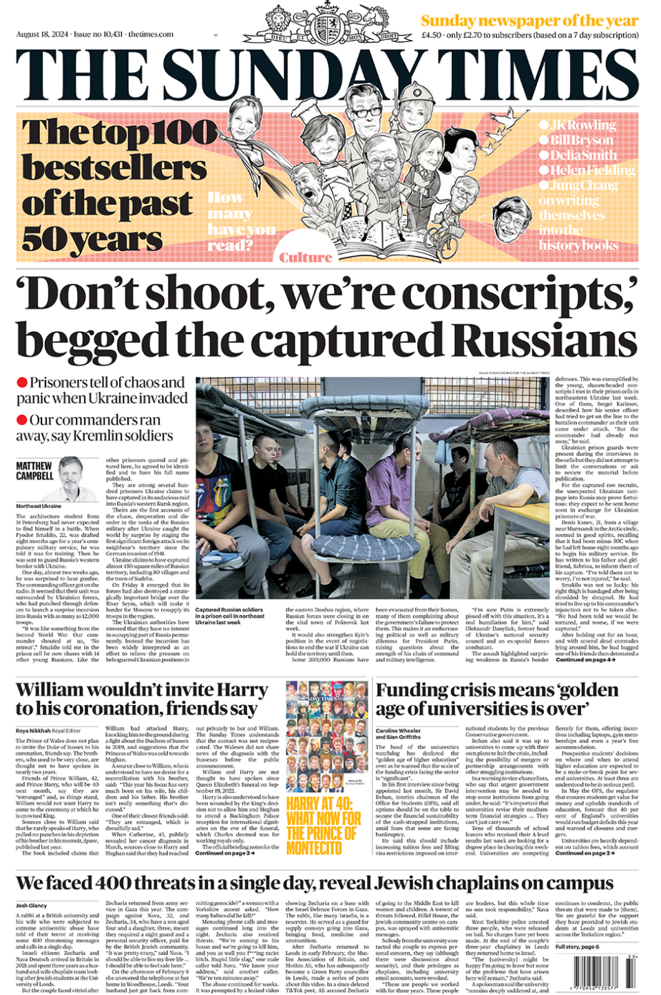 The front of the Sunday Times, the main headline reads "'don't shoot, we're conscripts,' begged the captured Russians"