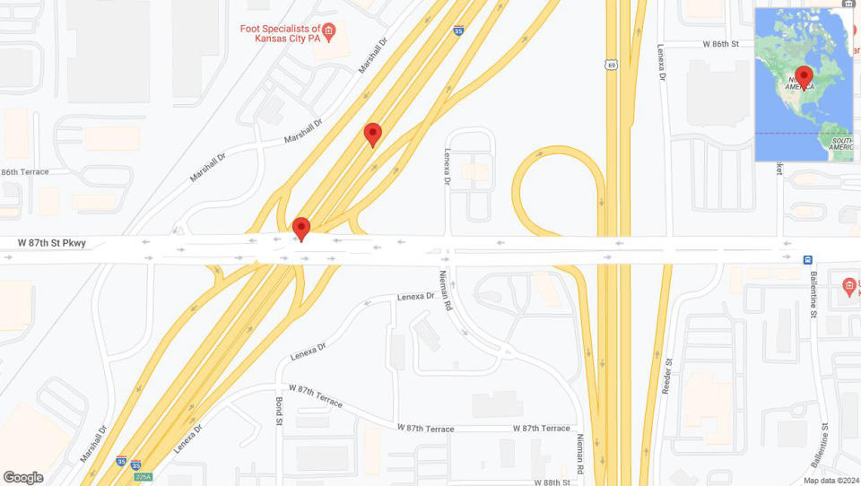 A detailed map that shows the affected road due to 'Broken down vehicle on eastbound I-35 in Overland Park' on August 17th at 4:50 p.m.