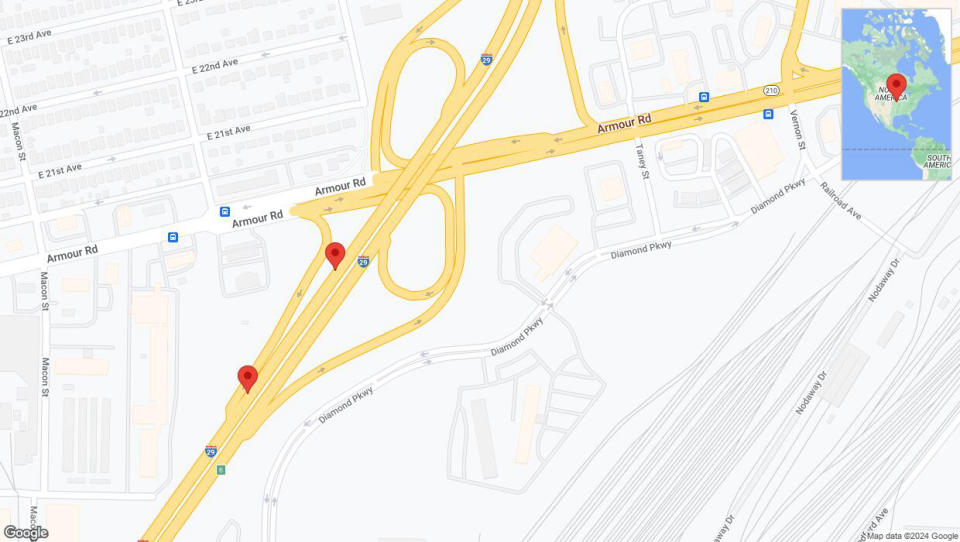 A detailed map that shows the affected road due to 'Broken down vehicle on southbound I-29/I-35 in North Kansas City' on August 17th at 5:14 p.m.